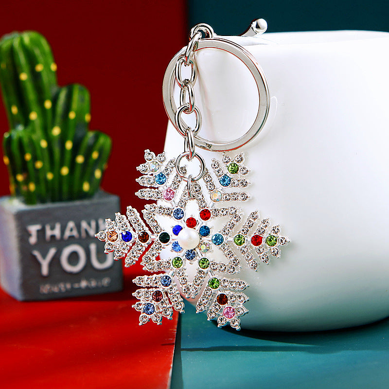 Wholesale Diamond Inlaid Christmas Snowflake Pearl Metal Keychain